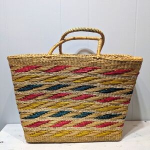 Carefree Weaved Straw Beach Tote Large Multicolor Made‎ In USA